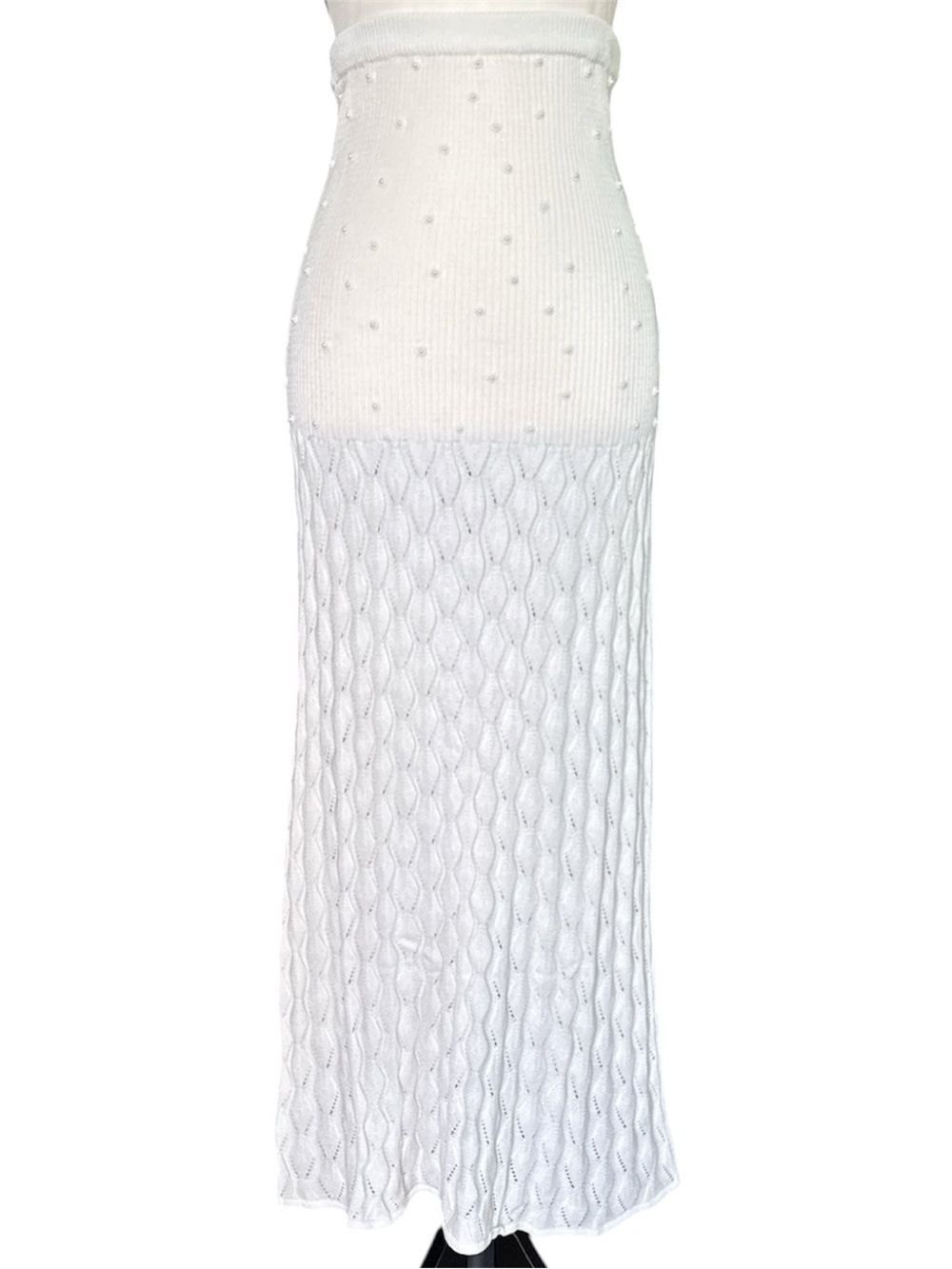 Agua Bendita Theodora Pearl Embellished Cream Pointelle Skirt Luxury NWT $240